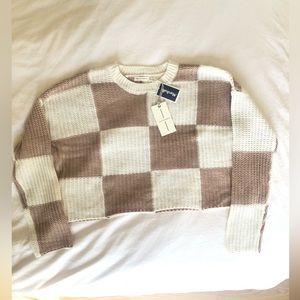 Cropped Brown & White Checkerboard-pattern Knit Sweater